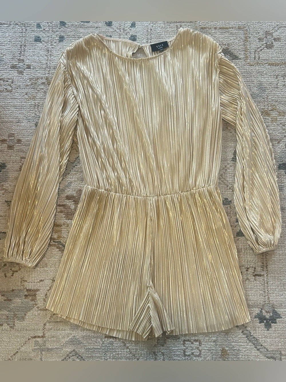 VICI Metallic Pleated Long Sleeve Romper - Champagne Gold